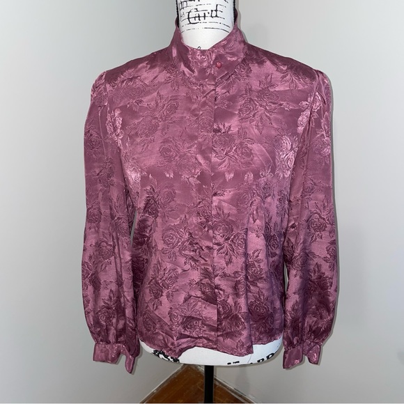 Gorgeous Vintage silky floral mauve blouse high neck blouse roses 🌹 - Picture 9 of 9